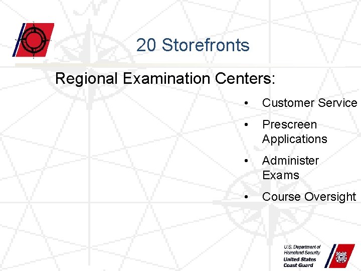 20 Storefronts Regional Examination Centers: • Customer Service • Prescreen Applications • Administer Exams