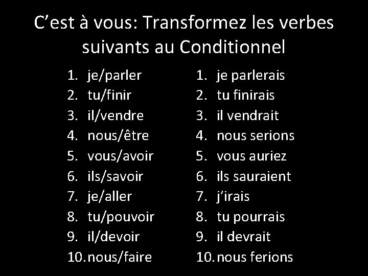 C’est à vous: Transformez les verbes suivants au Conditionnel 1. je/parler 2. tu/finir 3.