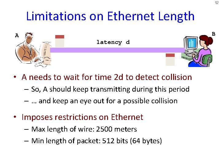 12 Limitations on Ethernet Length A B latency d • A needs to wait