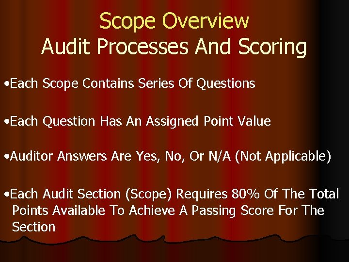 Scope Overview Audit Processes And Scoring • Each Scope Contains Series Of Questions • Scope Overview Audit Processes And Scoring • Each Scope Contains Series Of Questions •