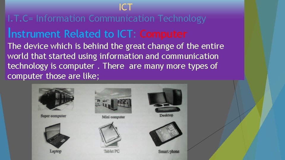 ICT I. T. C= Information Communication Technology Instrument Related to ICT: Computer The device