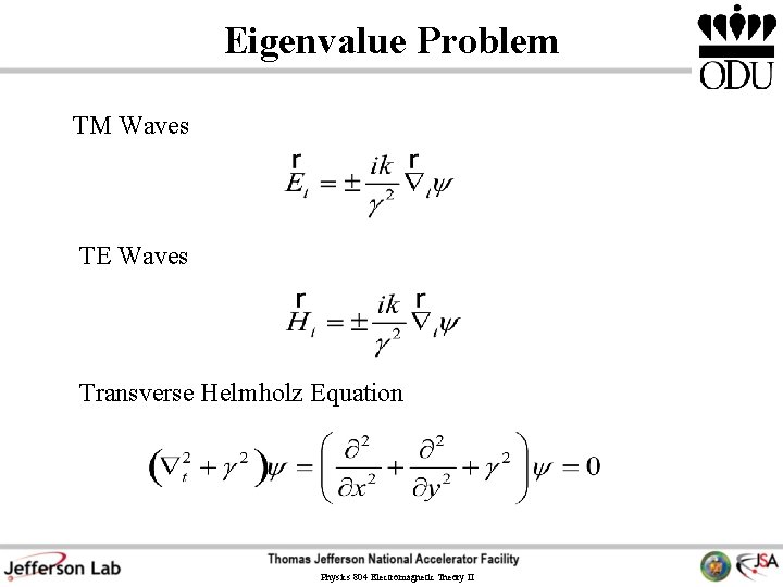 Eigenvalue Problem TM Waves TE Waves Transverse Helmholz Equation Physics 804 Electromagnetic Theory II Eigenvalue Problem TM Waves TE Waves Transverse Helmholz Equation Physics 804 Electromagnetic Theory II