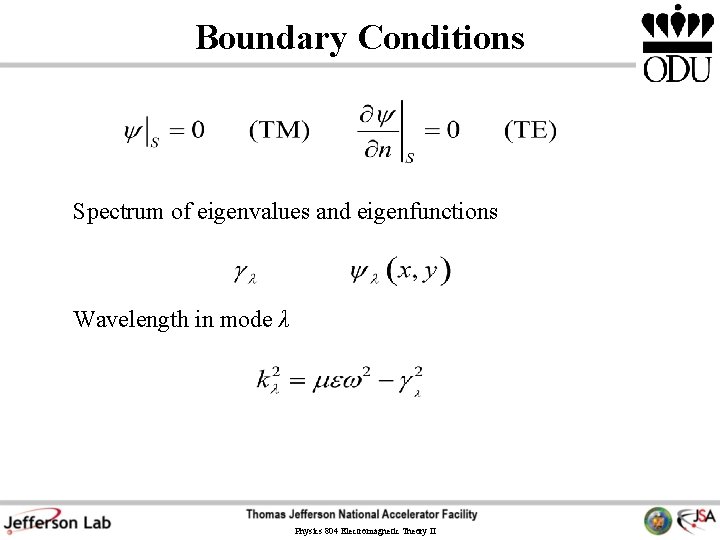 Boundary Conditions Spectrum of eigenvalues and eigenfunctions Wavelength in mode λ Physics 804 Electromagnetic Boundary Conditions Spectrum of eigenvalues and eigenfunctions Wavelength in mode λ Physics 804 Electromagnetic