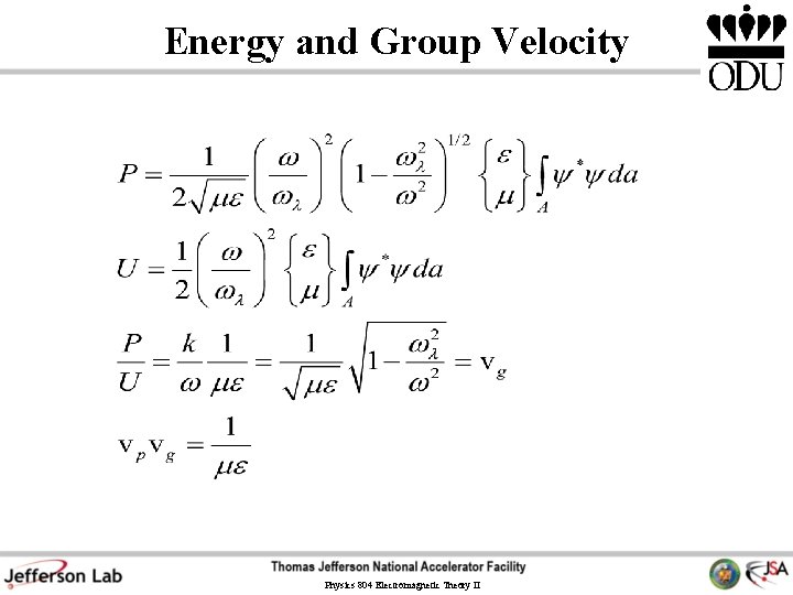Energy and Group Velocity Physics 804 Electromagnetic Theory II Energy and Group Velocity Physics 804 Electromagnetic Theory II