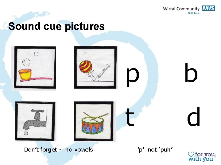 Sound cue pictures Don’t forget - no vowels p b t d ‘p’ not