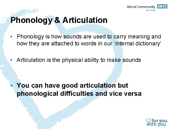 Phonology & Articulation • Phonology is how sounds are used to carry meaning and