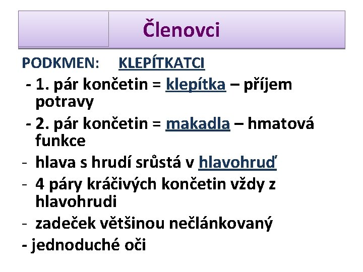 Členovci PODKMEN: KLEPÍTKATCI - 1. pár končetin = klepítka – příjem potravy - 2.