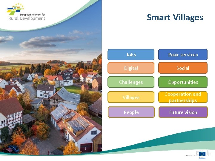 Smart Villages Jobs Basic services Digital Social Challenges Opportunities Villages Cooperation and partnerships People