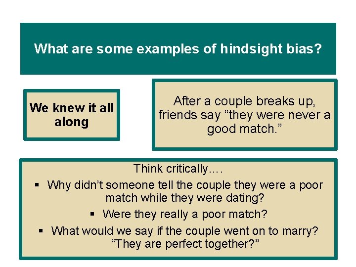 What are some examples of hindsight bias? We knew it all along After a What are some examples of hindsight bias? We knew it all along After a