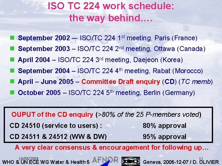 ISO TC 224 work schedule: the way behind…. n September 2002 –- ISO/TC 224