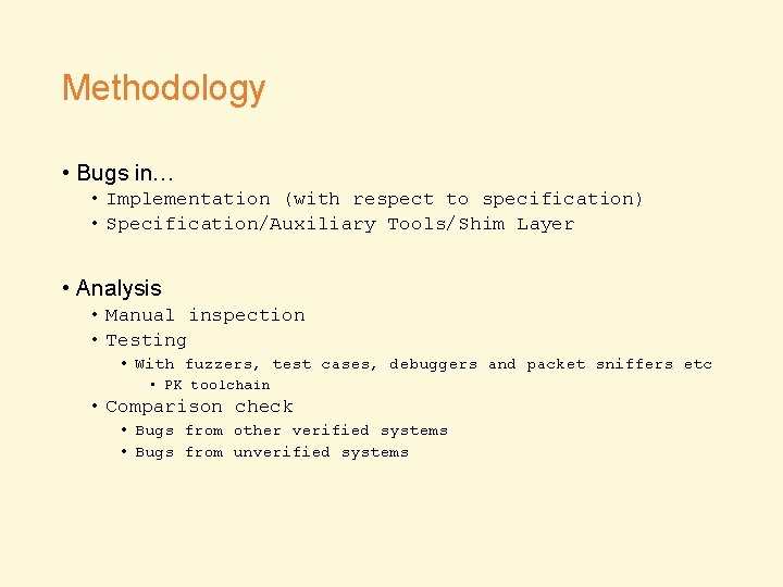 Methodology • Bugs in… • Implementation (with respect to specification) • Specification/Auxiliary Tools/Shim Layer