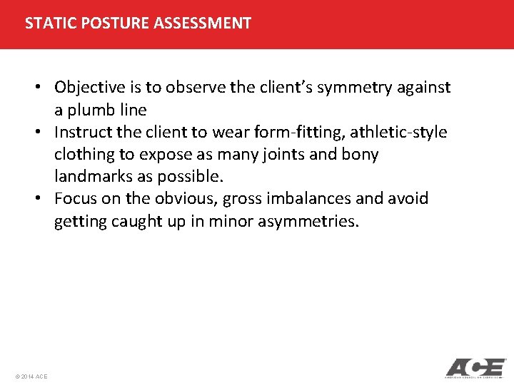 STATIC POSTURE ASSESSMENT • Objective is to observe the client’s symmetry against a plumb