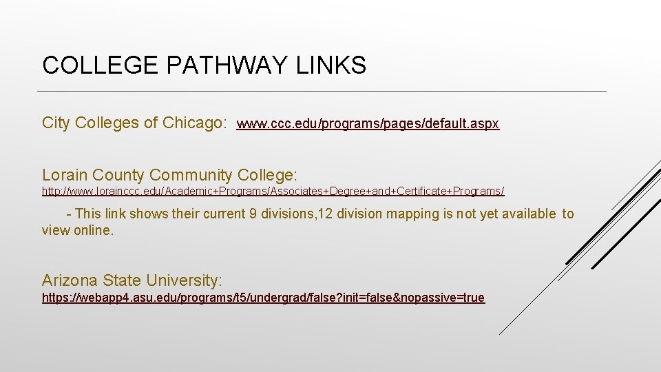 COLLEGE PATHWAY LINKS City Colleges of Chicago: www. ccc. edu/programs/pages/default. aspx Lorain County Community