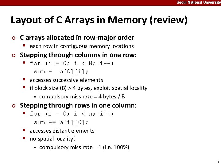 Seoul National University Layout of C Arrays in Memory (review) ¢ C arrays allocated