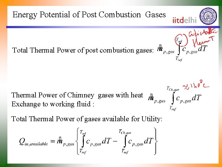 Energy Potential of Post Combustion Gases Total Thermal Power of post combustion gases: Thermal