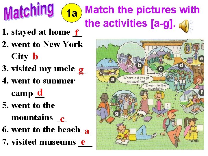 1 a Match the pictures with the activities [a-g]. 1. stayed at home __