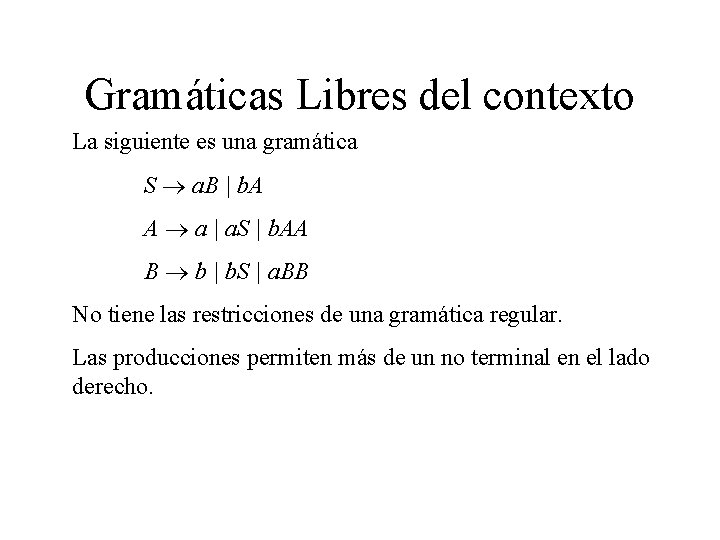 Gramáticas Libres del contexto La siguiente es una gramática S a. B | b.