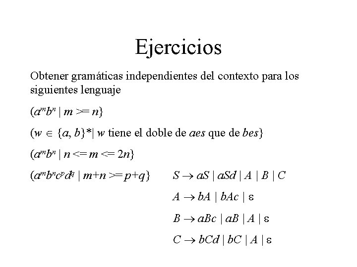 Ejercicios Obtener gramáticas independientes del contexto para los siguientes lenguaje (ambn | m >=