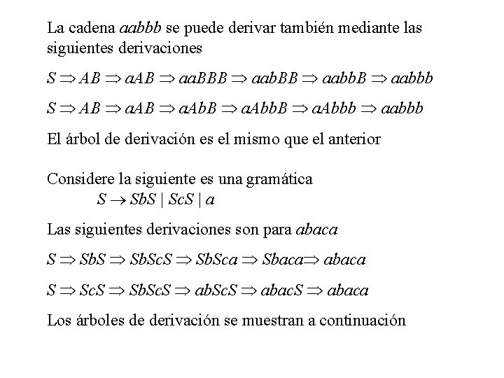 La cadena aabbb se puede derivar también mediante las siguientes derivaciones S AB aa.