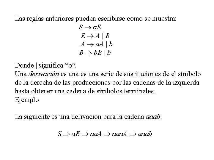 Las reglas anteriores pueden escribirse como se muestra: S a. E E A|B A