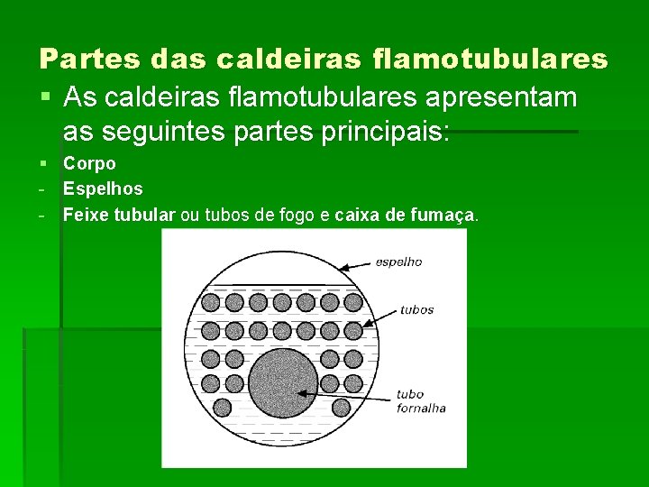 Partes das caldeiras flamotubulares § As caldeiras flamotubulares apresentam as seguintes partes principais: §