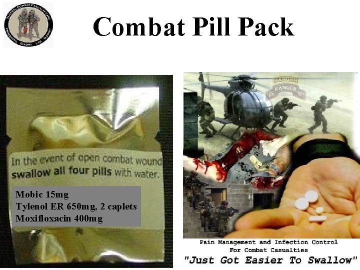 Combat Pill Pack Mobic 15 mg Tylenol ER 650 mg, 2 caplets Moxifloxacin 400