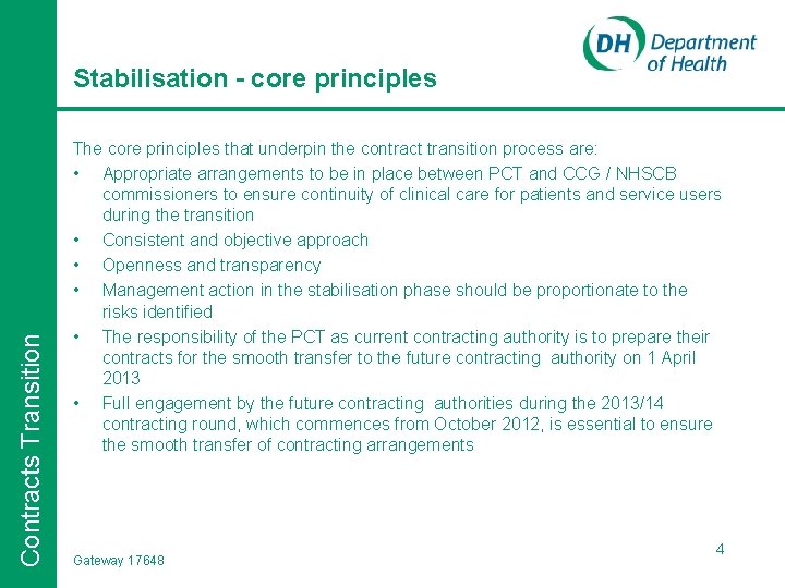 Contracts Transition Stabilisation - core principles The core principles that underpin the contract transition