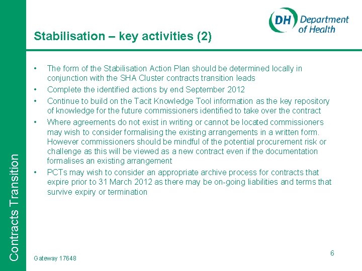 Stabilisation – key activities (2) • • • Contracts Transition • • The form