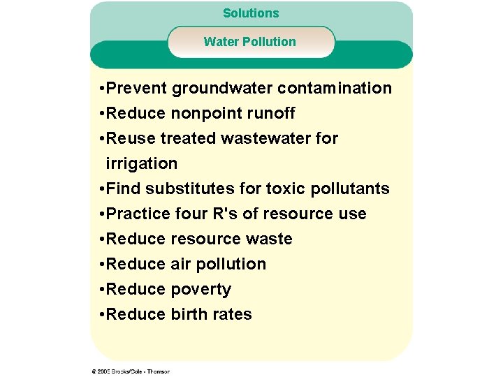 Solutions Water Pollution • Prevent groundwater contamination • Reduce nonpoint runoff • Reuse treated