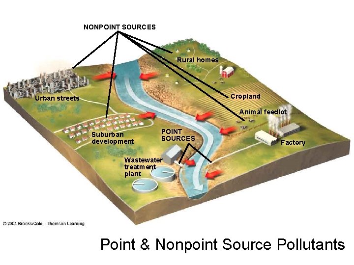 NONPOINT SOURCES Rural homes Cropland Urban streets Animal feedlot Suburban development POINT SOURCES Factory