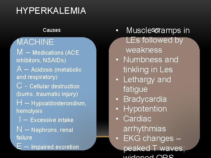 HYPERKALEMIA Causes MACHINE M – Medications (ACE inhibitors, NSAIDs) A – Acidosis (metabolic and