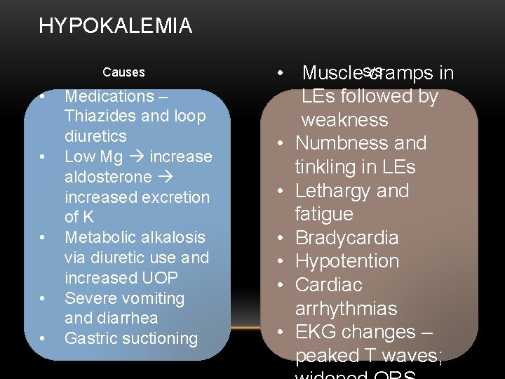 HYPOKALEMIA Causes • • • Medications – Thiazides and loop diuretics Low Mg increase