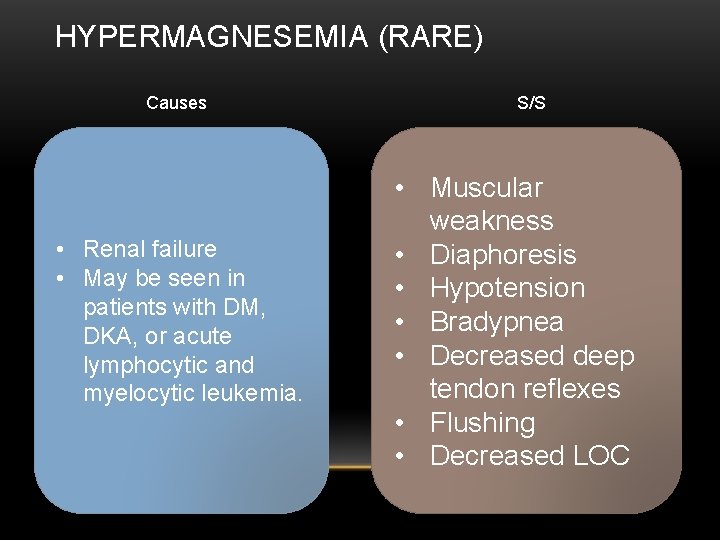 HYPERMAGNESEMIA (RARE) Causes • Renal failure • May be seen in patients with DM,