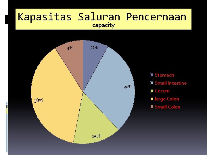 Kapasitas Saluran Pencernaan capacity 9% 8% Stomach 30% Small Intestine Cecum large Colon 38%