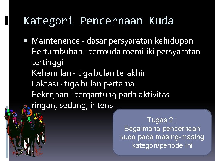 Kategori Pencernaan Kuda Maintenence - dasar persyaratan kehidupan Pertumbuhan - termuda memiliki persyaratan tertinggi