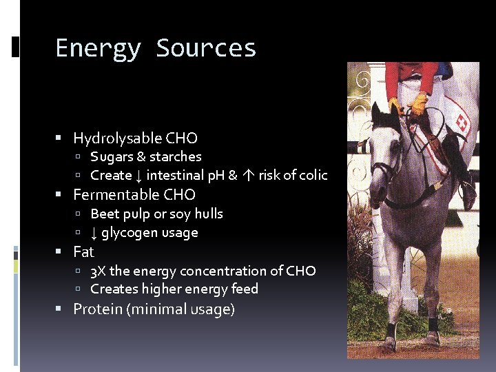 Energy Sources Hydrolysable CHO Sugars & starches Create ↓ intestinal p. H & risk