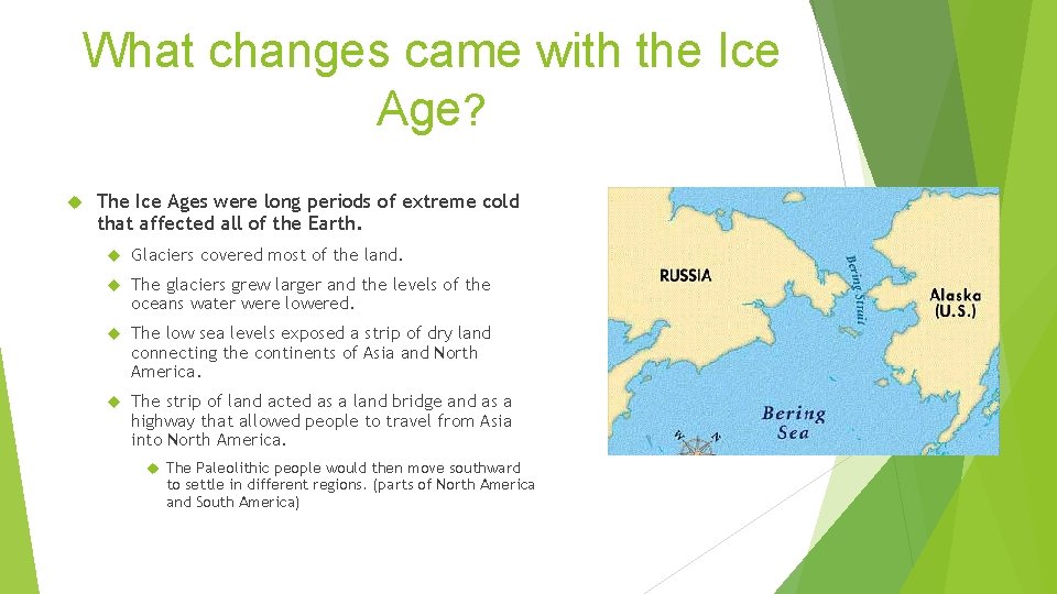 What changes came with the Ice Age? The Ice Ages were long periods of