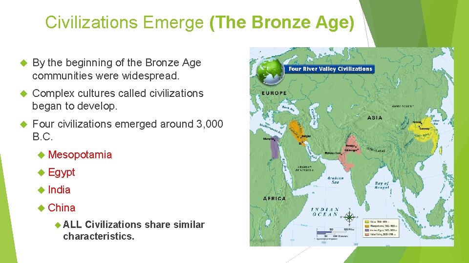 Civilizations Emerge (The Bronze Age) By the beginning of the Bronze Age communities were