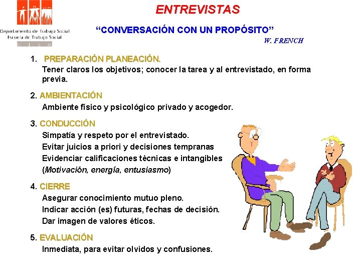 ENTREVISTAS “CONVERSACIÓN CON UN PROPÓSITO” W. FRENCH 1. PREPARACIÓN PLANEACIÓN. Tener claros los objetivos;