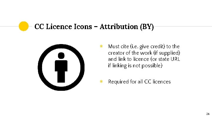CC Licence Icons – Attribution (BY) ◉ Must cite (i. e. give credit) to