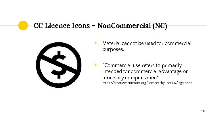 CC Licence Icons – Non. Commercial (NC) ◉ Material cannot be used for commercial