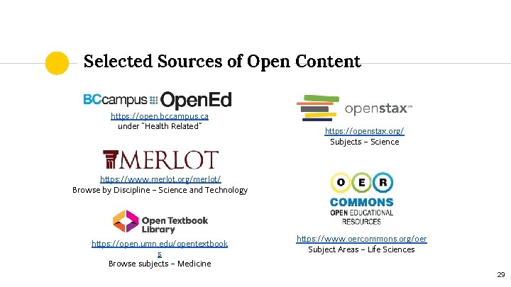 Selected Sources of Open Content https: //open. bccampus. ca under “Health Related” https: //openstax.
