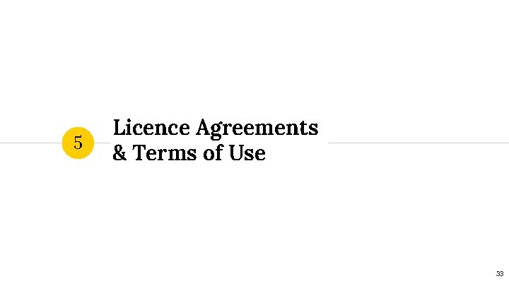 5 Licence Agreements & Terms of Use 33 