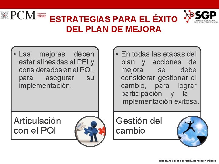 ESTRATEGIAS PARA EL ÉXITO DEL PLAN DE MEJORA • Las mejoras deben estar alineadas