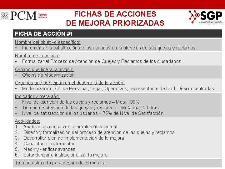 FICHAS DE ACCIONES DE MEJORA PRIORIZADAS FICHA DE ACCIÓN #1 Nombre del objetivo específico:
