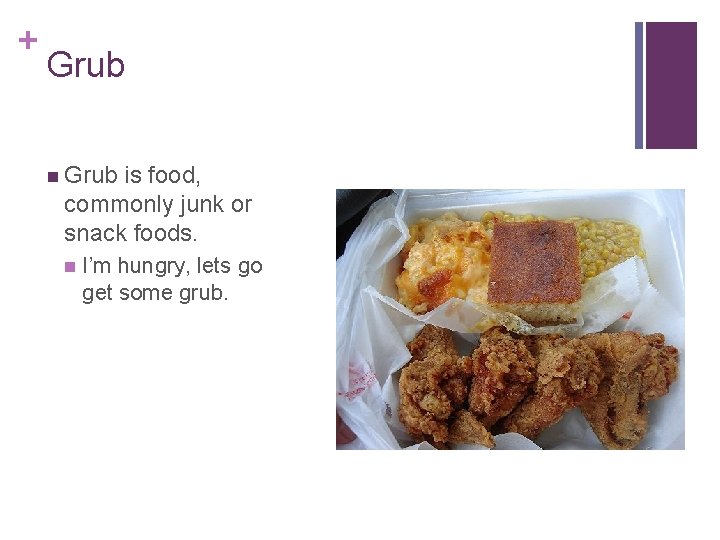 + Grub n Grub is food, commonly junk or snack foods. n I’m hungry,