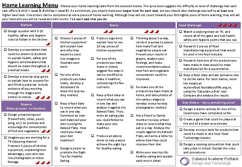 Home Learning Menu - Choose your home learning tasks from the selection below. The