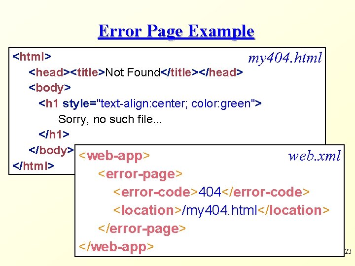 Error Page Example <html> my 404. html <head><title>Not Found</title></head> <body> <h 1 style="text-align: center;