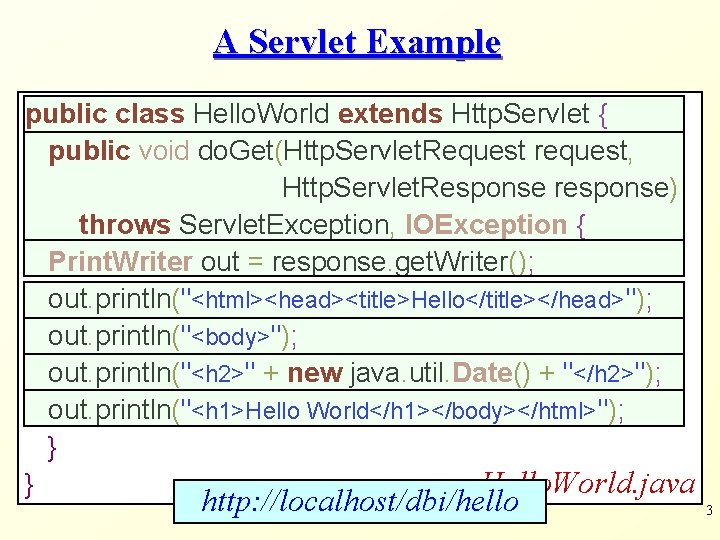 A Servlet Example public class Hello. World extends Http. Servlet { public void do.