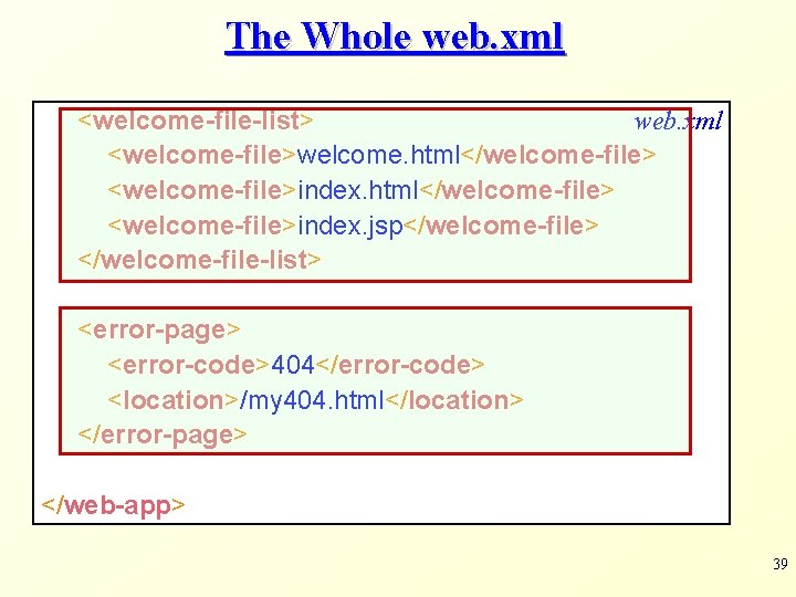 The Whole web. xml <welcome-file-list> web. xml <welcome-file>welcome. html</welcome-file> <welcome-file>index. jsp</welcome-file> </welcome-file-list> <error-page> <error-code>404</error-code>